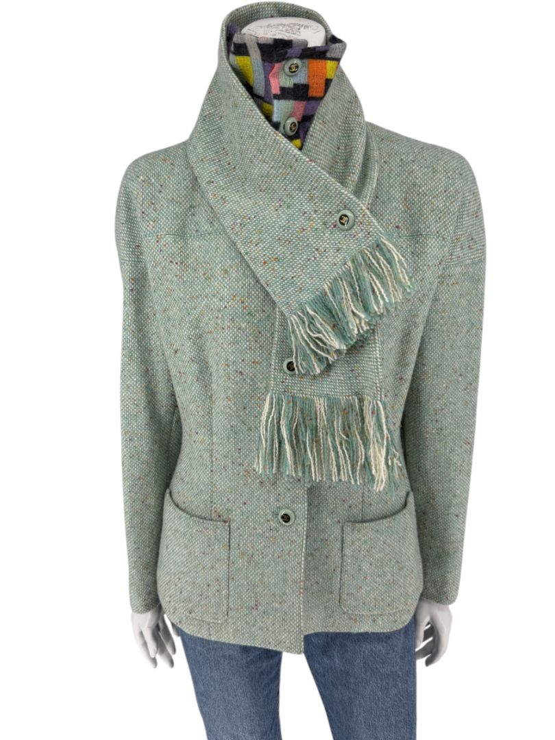Chanel Women’s Mint Green Wool-Mohair Blend Tweed Jacket with Detachable Scarf – Size 44