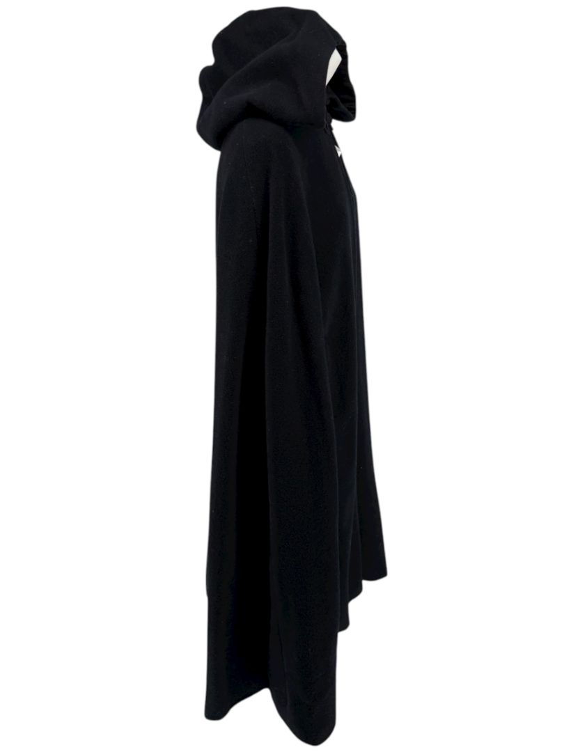 Black Wool Hooded Cape with Silk-Lined Interior – Large