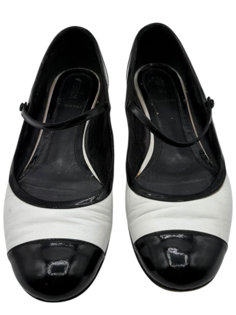 Fendi Black & White Leather Mary Jane Ballet Flats – Size 41