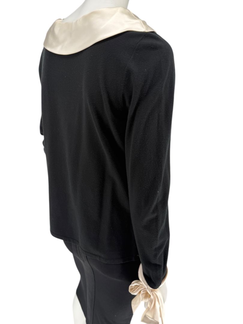 Rena Lange Black Dress with Ivory Satin Accents – Size Large