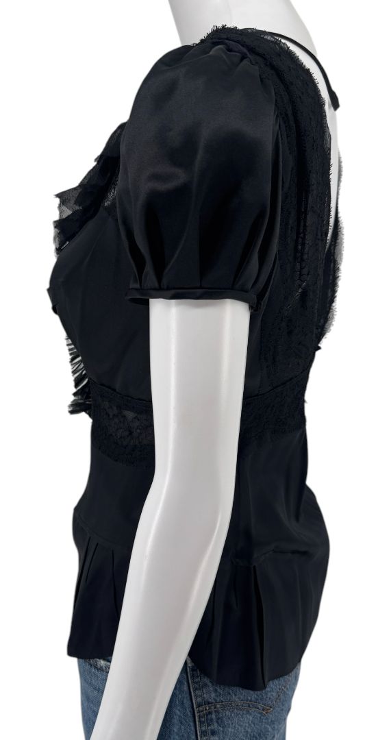 Prada Black Silk Lace Trim Ruffle Blouse – New with Tags – IT 40 / US 4