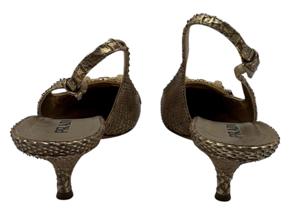 Prada Gold Textured Leather Slingback Kitten Heels – Size 40½