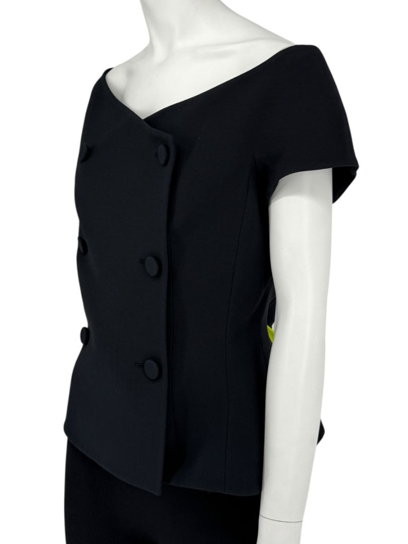 Christian Dior Paris Black Off-Shoulder Wool-Silk Asymmetric Button Top – Size FR 42 / US 10