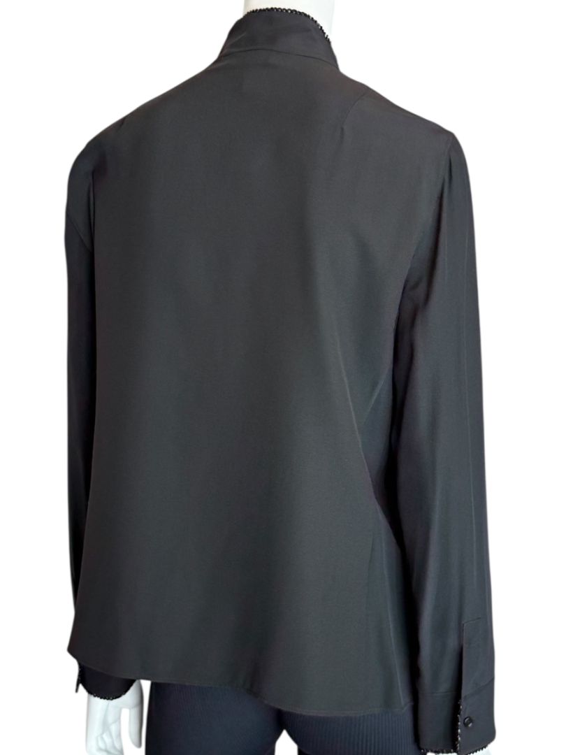 Akris Black Silk Blouse with Beaded Trim – Size US 10