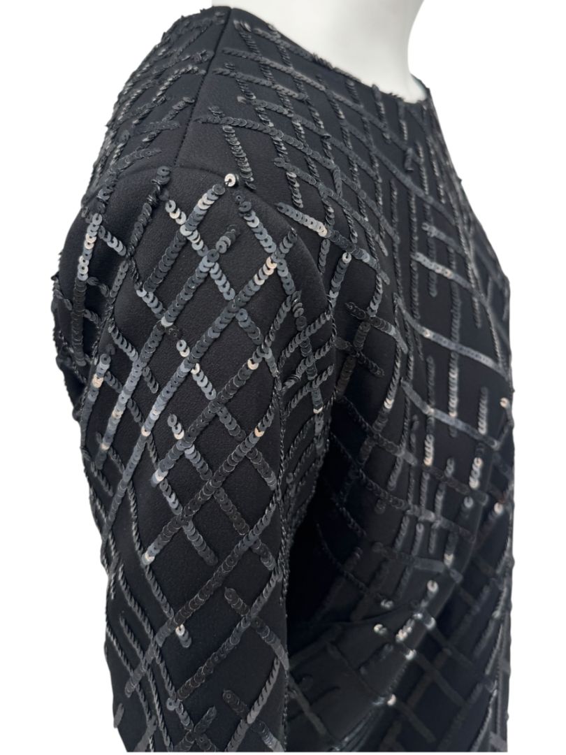 Pamella Roland Black Sequin Grid Shift Dress – Large