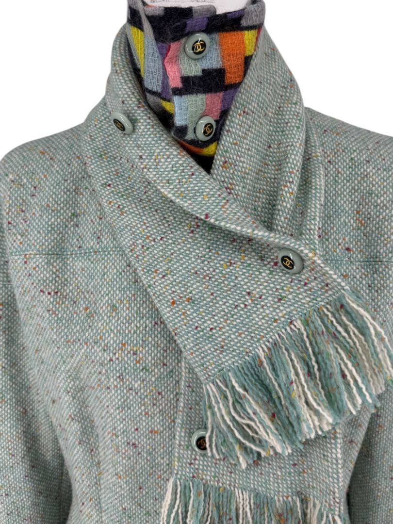 Chanel Women’s Mint Green Wool-Mohair Blend Tweed Jacket with Detachable Scarf – Size 44