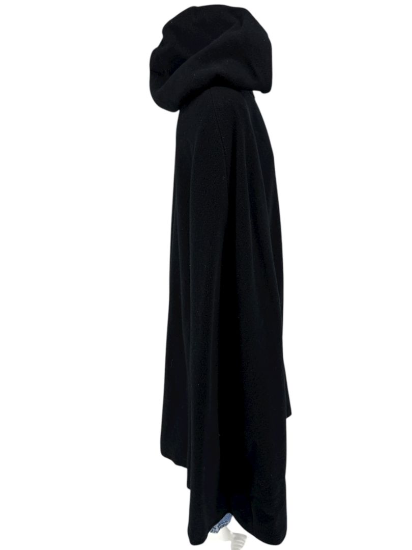 Black Wool Hooded Cape with Silk-Lined Interior – Large
