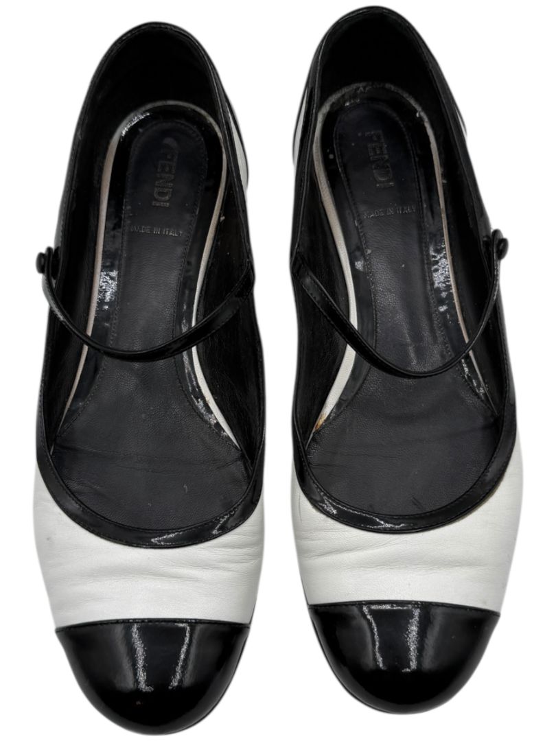 Fendi Black & White Leather Mary Jane Ballet Flats – Size 41