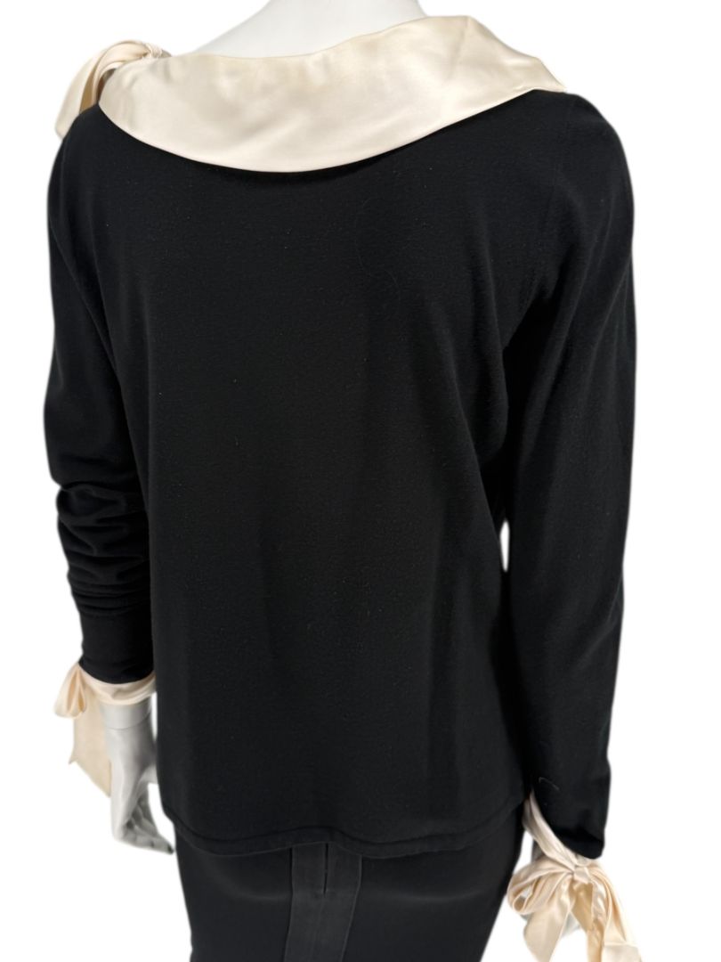 Rena Lange Black Dress with Ivory Satin Accents – Size Large