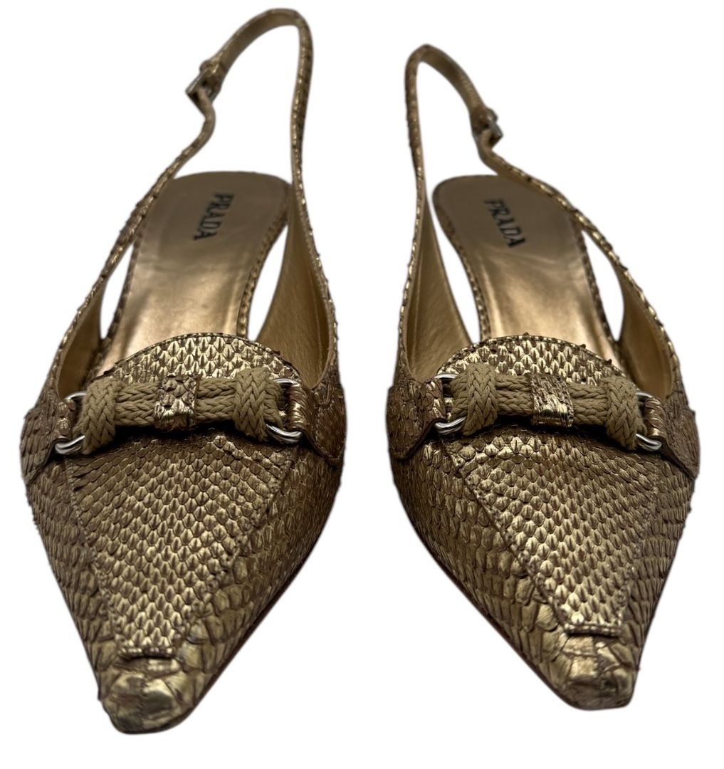 Prada Gold Textured Leather Slingback Kitten Heels – Size 40½