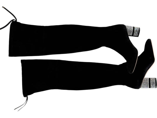 Stuart Weitzman Black Velvet Crystal Heel Over-the-Knee Boots – Size 9