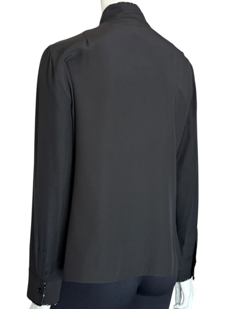 Akris Black Silk Blouse with Beaded Trim – Size US 10