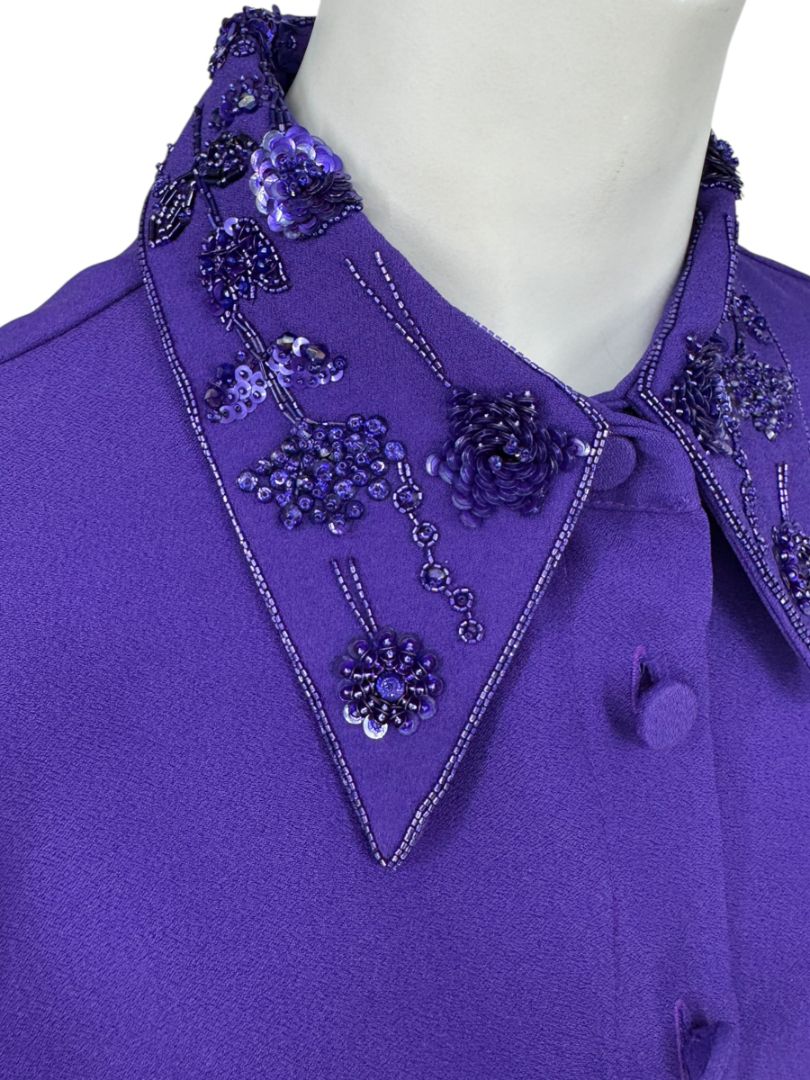 Pamella Roland Purple Beaded Collar & Cuff Shirt Dress with Slip – Large