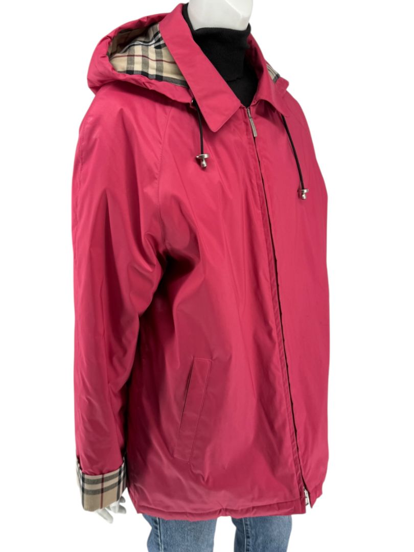 Burberry London Fuchsia Hooded Check-Lined Jacket – Size L