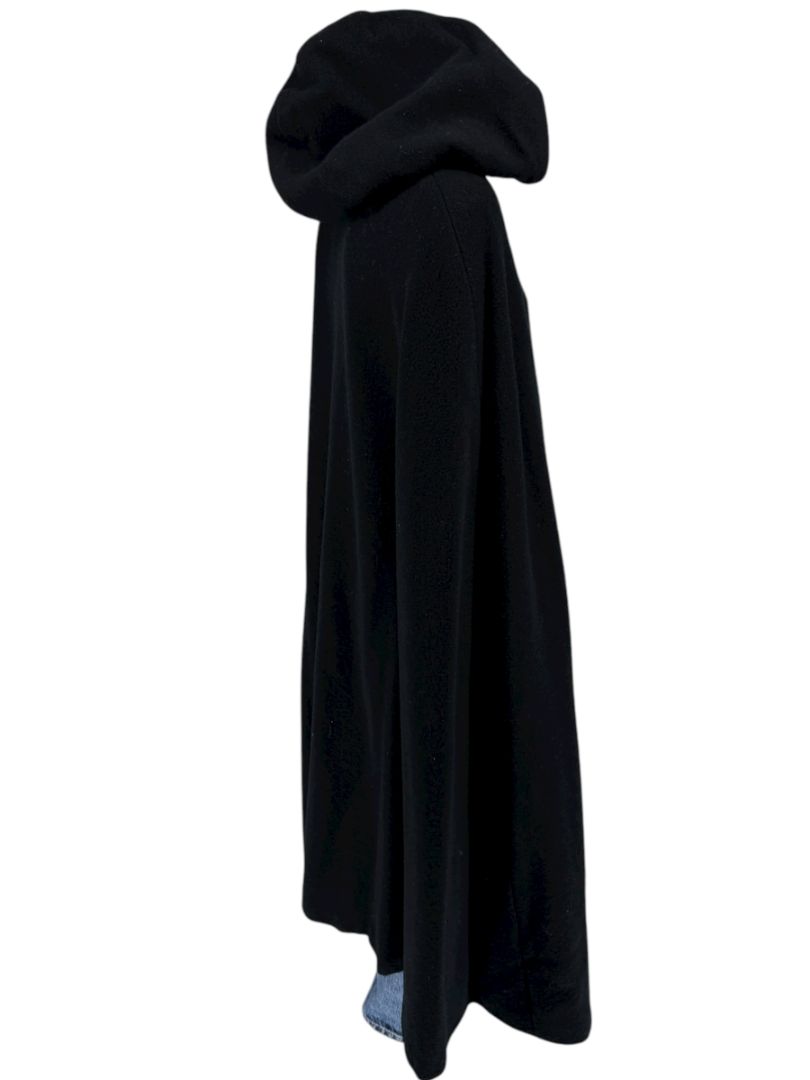 Black Wool Hooded Cape with Silk-Lined Interior – Large