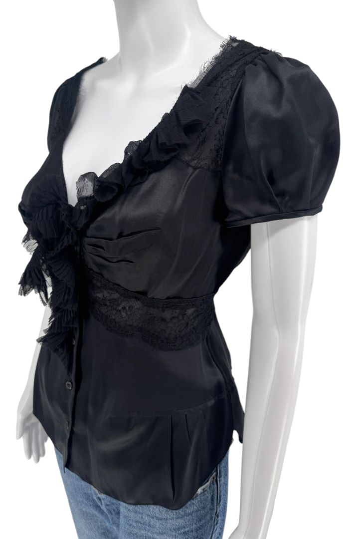 Prada Black Silk Lace Trim Ruffle Blouse – New with Tags – IT 40 / US 4