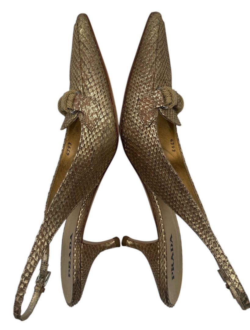 Prada Gold Textured Leather Slingback Kitten Heels – Size 40½