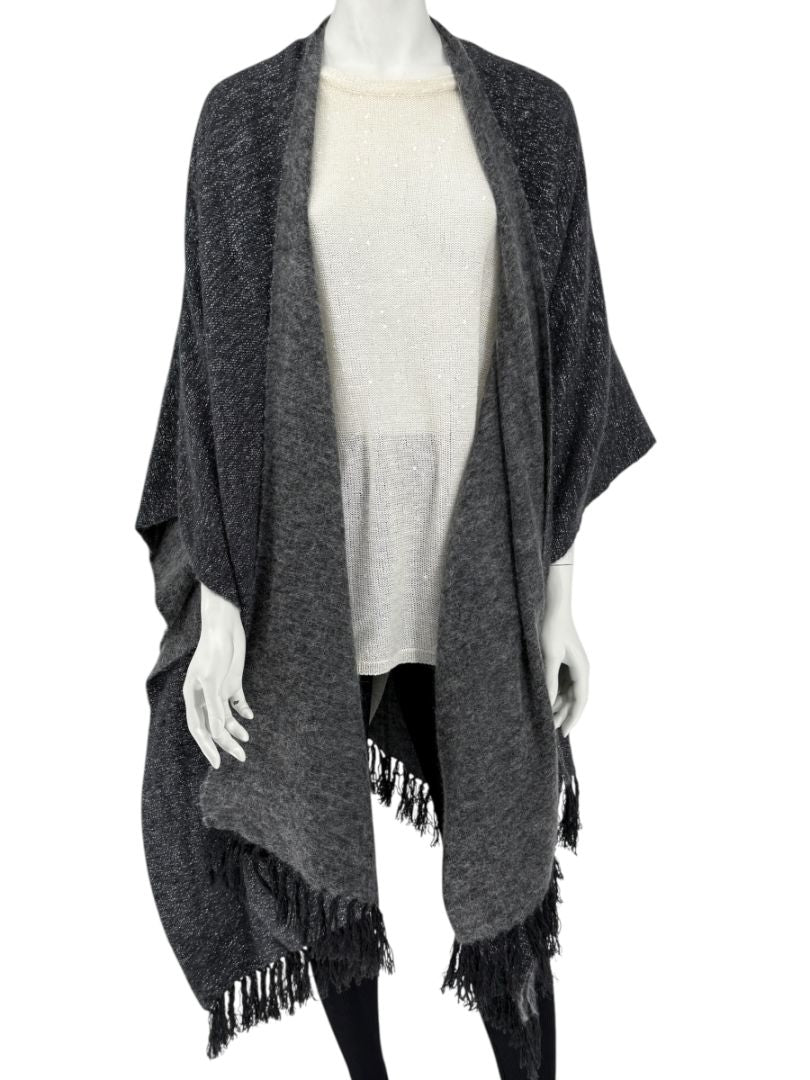 Brunello Cucinelli Grey Cashmere Alpaca Lurex Fringe Poncho – OS