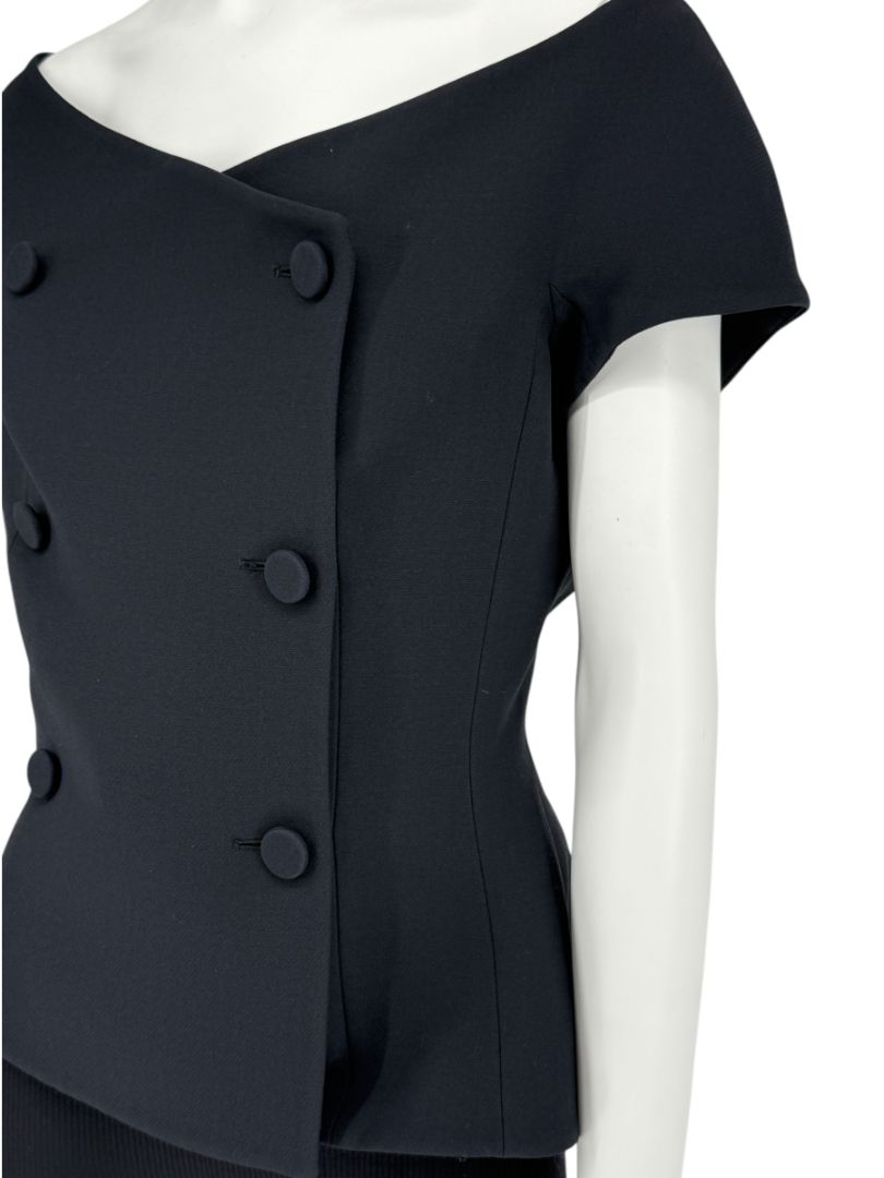Christian Dior Paris Black Off-Shoulder Wool-Silk Asymmetric Button Top – Size FR 42 / US 10