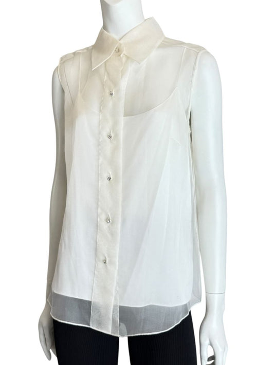 Pamella Roland Sleeveless Organza Blouse with Jewel Buttons - Large