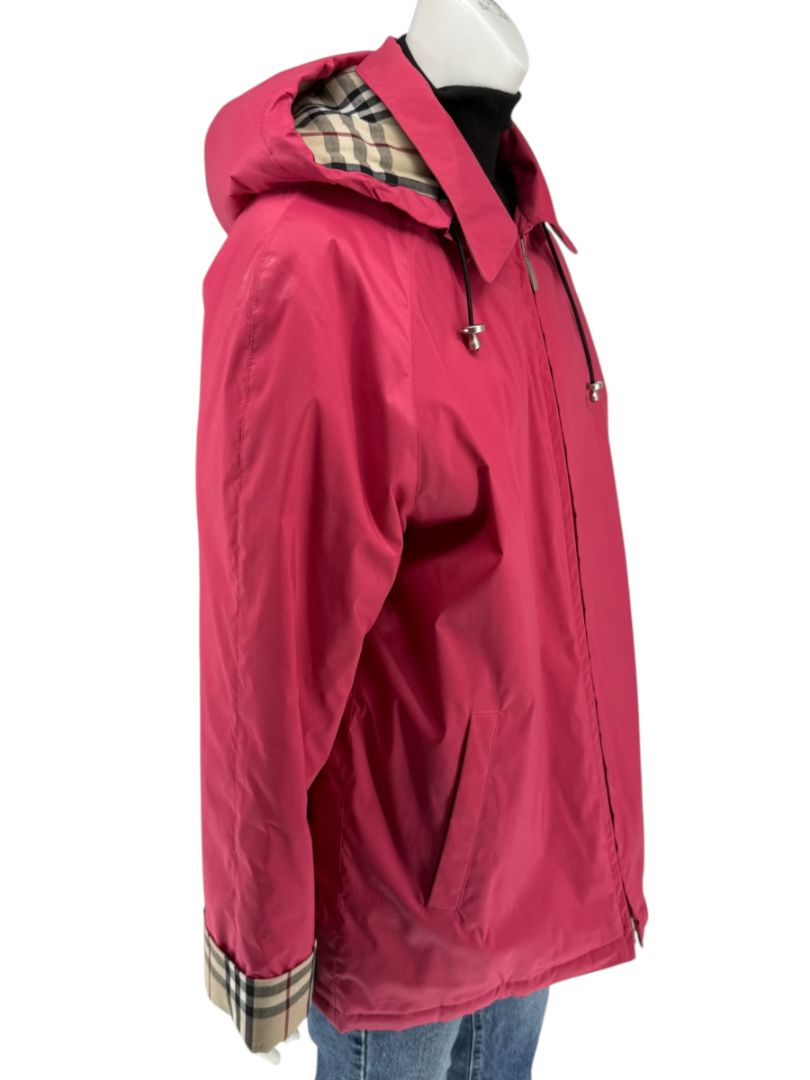Burberry London Fuchsia Hooded Check-Lined Jacket – Size L
