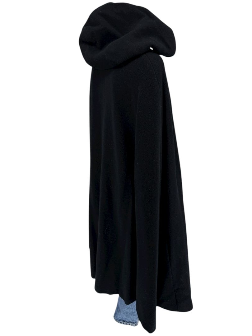 Black Wool Hooded Cape with Silk-Lined Interior – Large