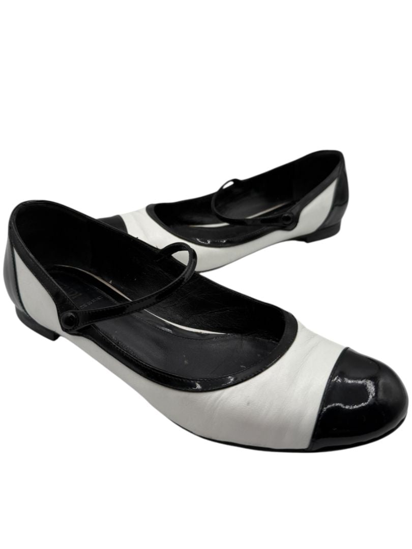 Fendi Black & White Leather Mary Jane Ballet Flats – Size 41