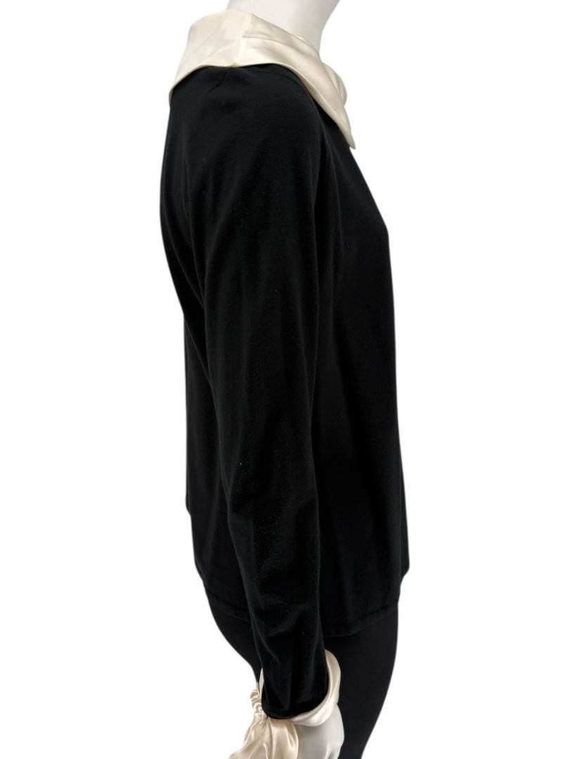 Rena Lange Black Dress with Ivory Satin Accents – Size Large