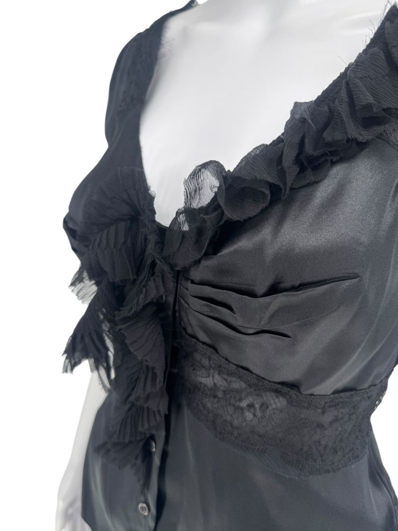 Prada Black Silk Lace Trim Ruffle Blouse – New with Tags – IT 40 / US 4