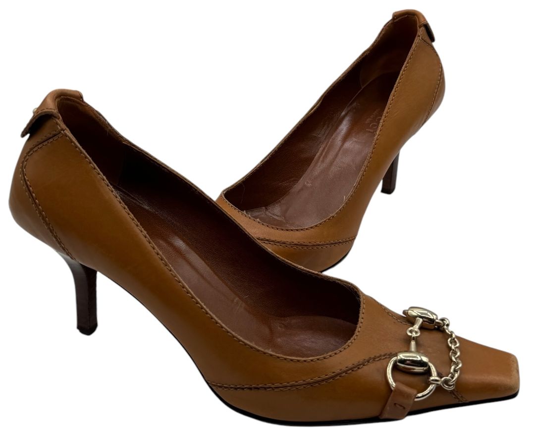 Gucci Tan Leather Horsebit Pumps – Size 36.5 – Good Preowned Condition