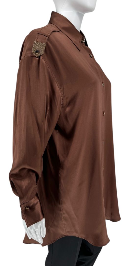 Brunello Cucinelli Silk Epaulet Blouse in Mahogany – Size XS