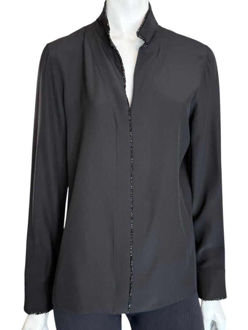 Akris Black Silk Blouse with Beaded Trim – Size US 10