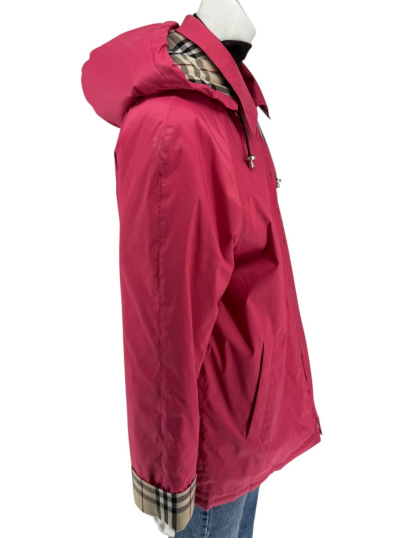 Burberry London Fuchsia Hooded Check-Lined Jacket – Size L