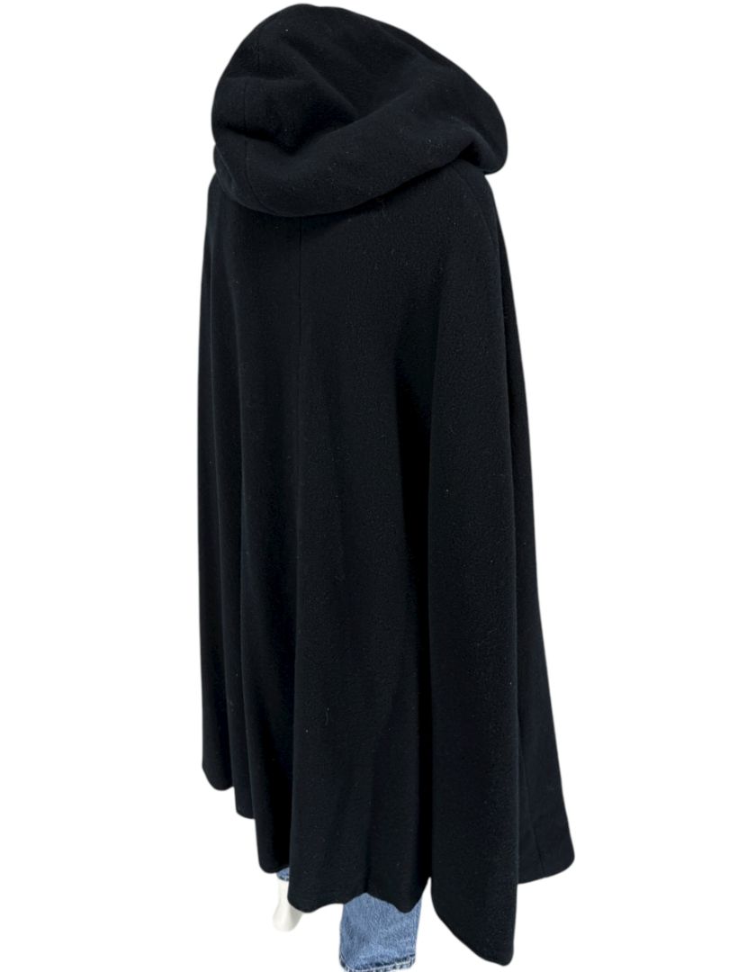 Black Wool Hooded Cape with Silk-Lined Interior – Large