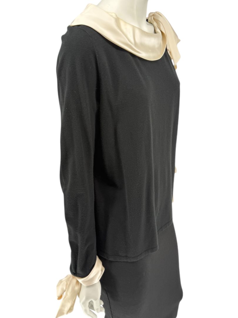 Rena Lange Black Dress with Ivory Satin Accents – Size Large