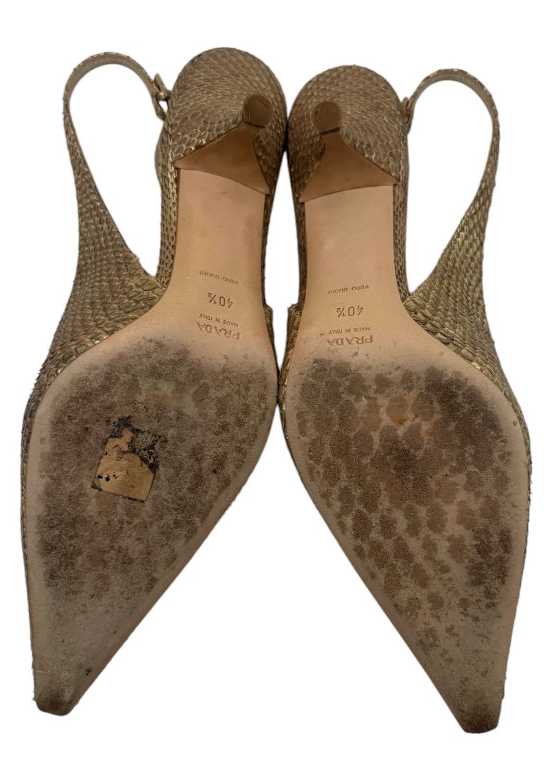 Prada Gold Textured Leather Slingback Kitten Heels – Size 40½