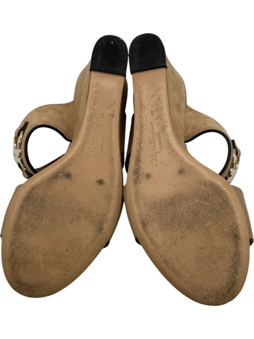 Salvatore Ferragamo Tan Leather & Suede Wedge Sandals – Size 9