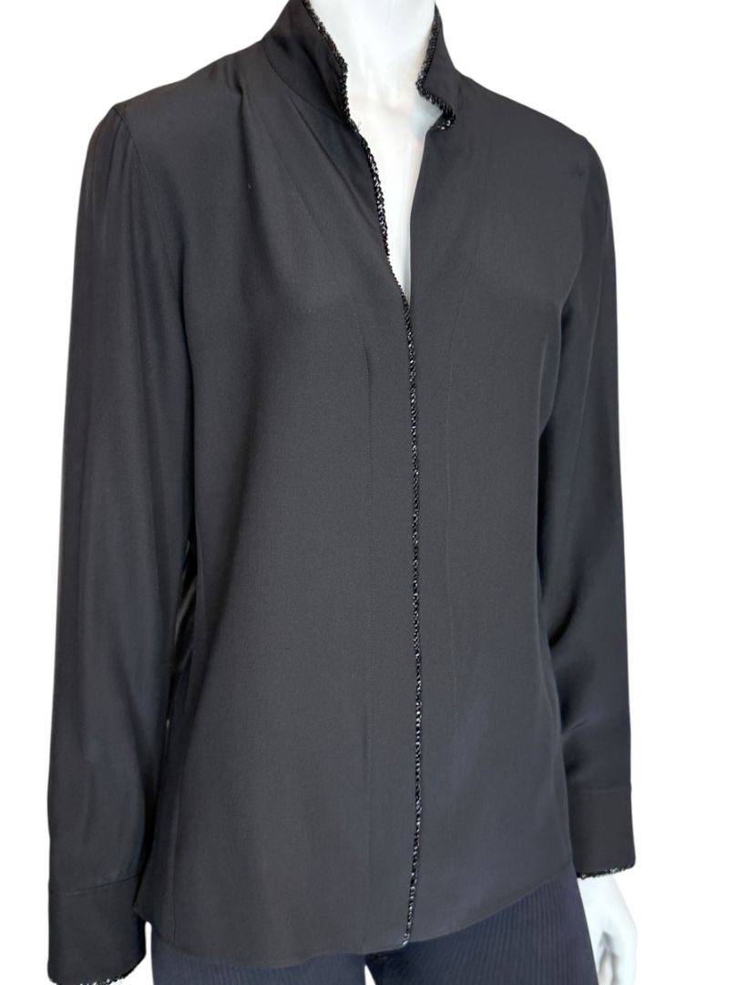 Akris Black Silk Blouse with Beaded Trim – Size US 10
