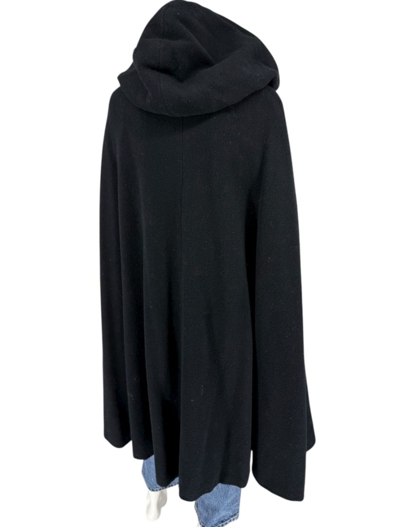 Black Wool Hooded Cape with Silk-Lined Interior – Large