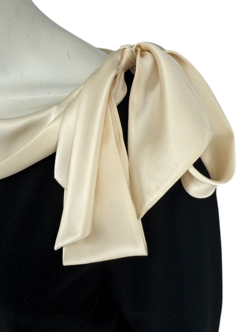 Rena Lange Black Dress with Ivory Satin Accents – Size Large