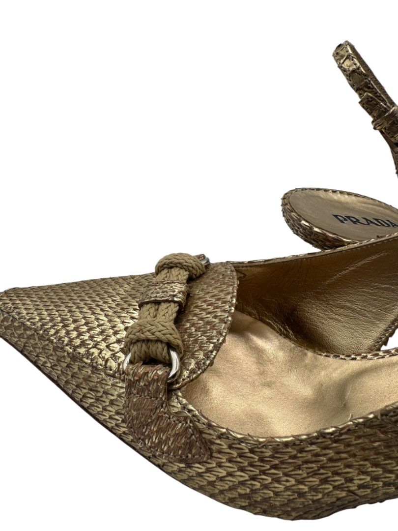 Prada Gold Textured Leather Slingback Kitten Heels – Size 40½