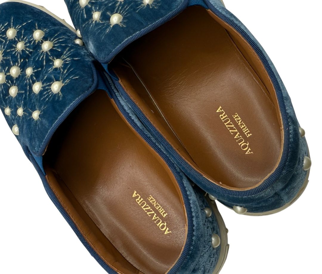 Aquazzura 'Cosmic Pearls' Slip-On Sneakers in Ocean Blue Velvet – Size 37 – Good Preowned Condition