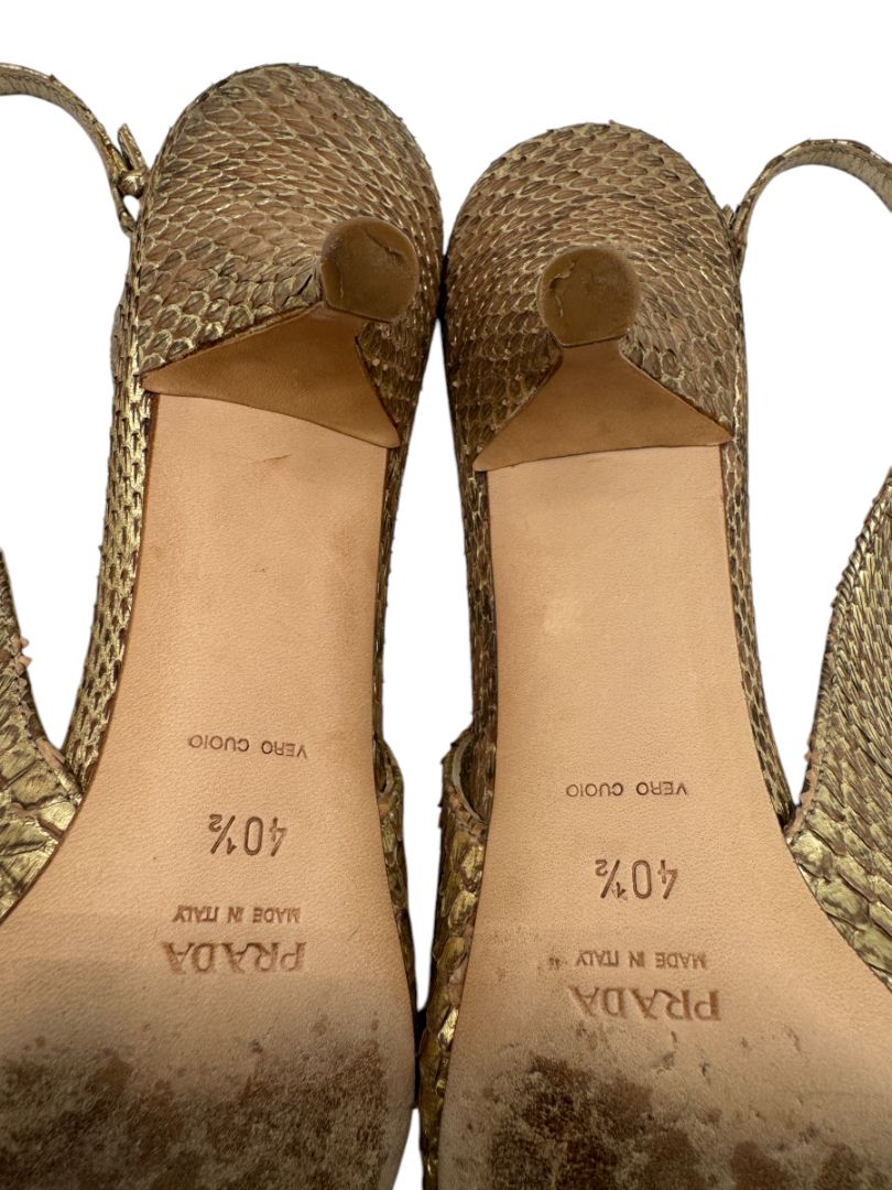 Prada Gold Textured Leather Slingback Kitten Heels – Size 40½