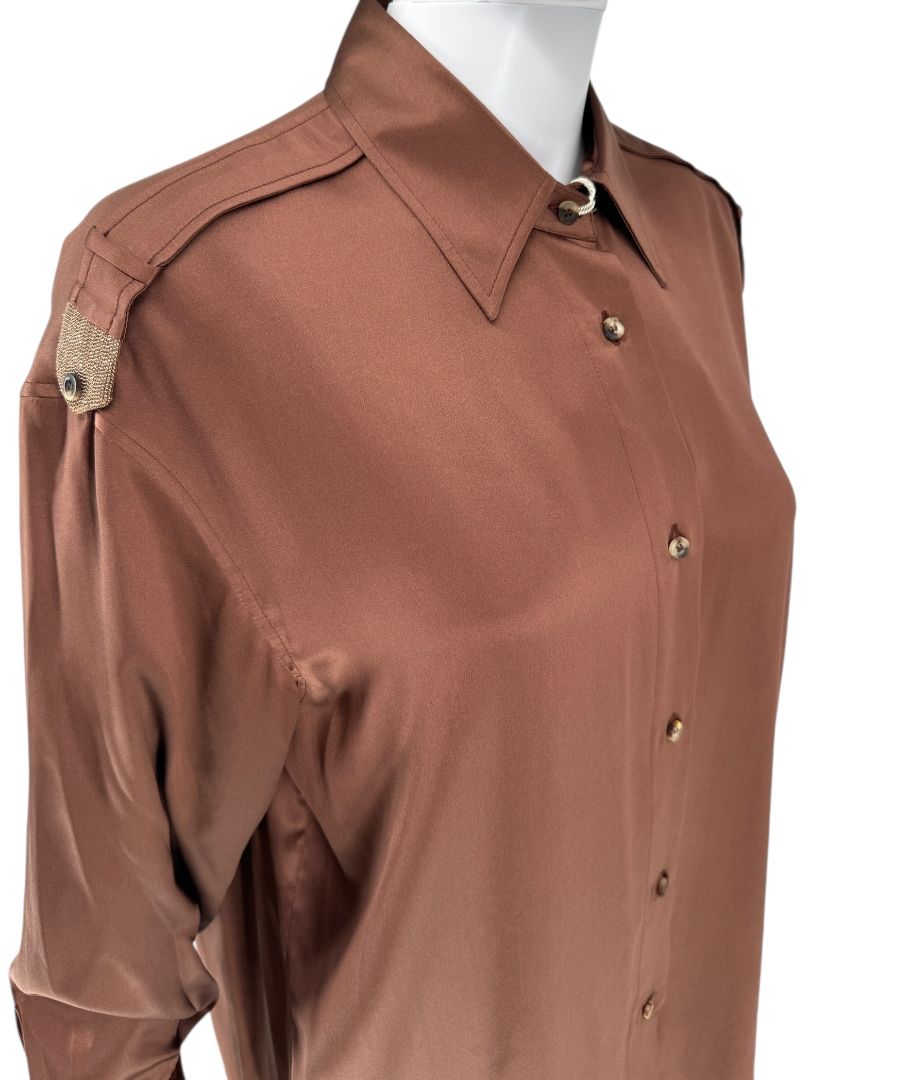 Brunello Cucinelli Silk Epaulet Blouse in Mahogany – Size XS