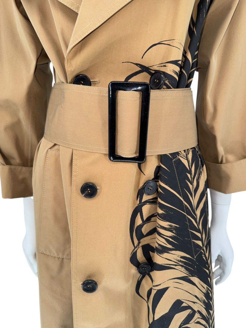 Oscar de la Renta Sand Trench Coat with Black Palm Print – Size 6