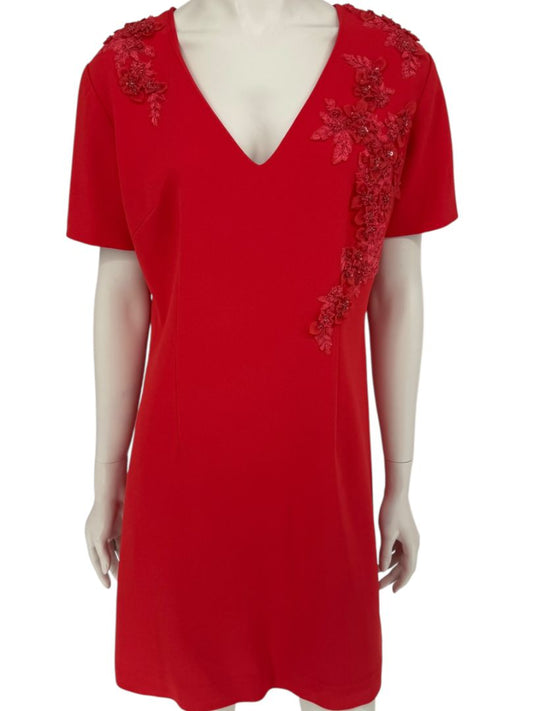 Pamella Roland Red Embellished V-Neck Shift Dress – Large