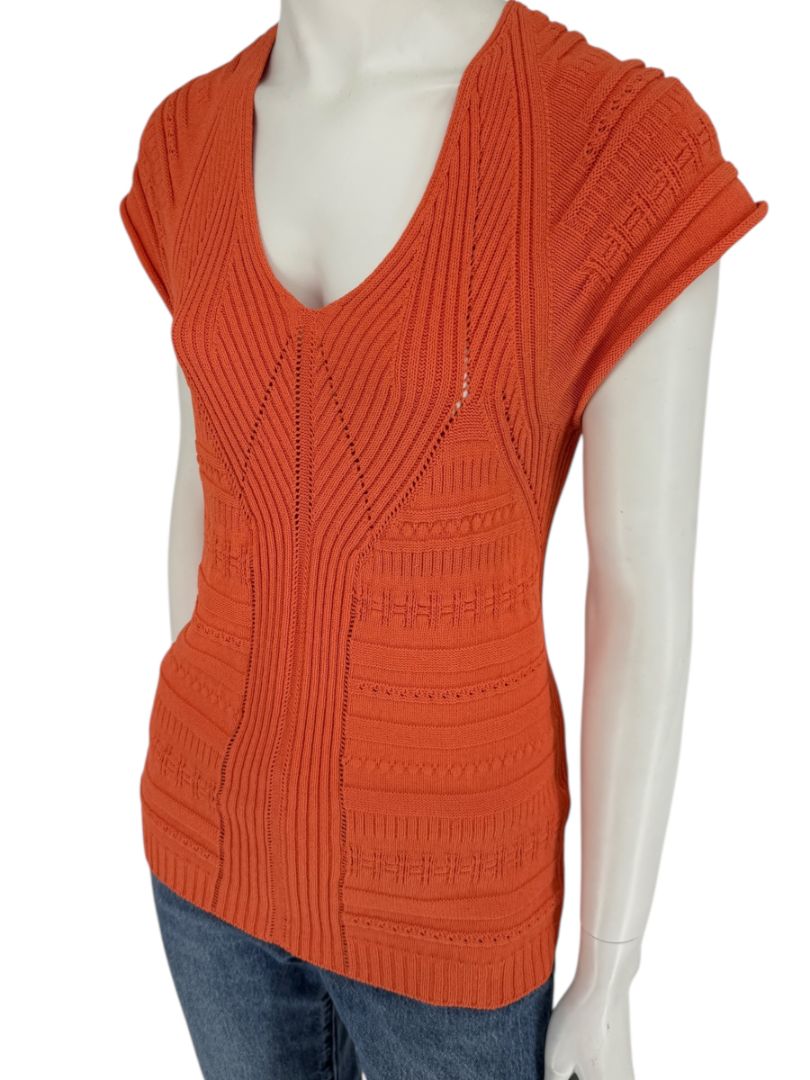 Les Copains Orange Textured Knit Short Sleeve Sweater – Size 48