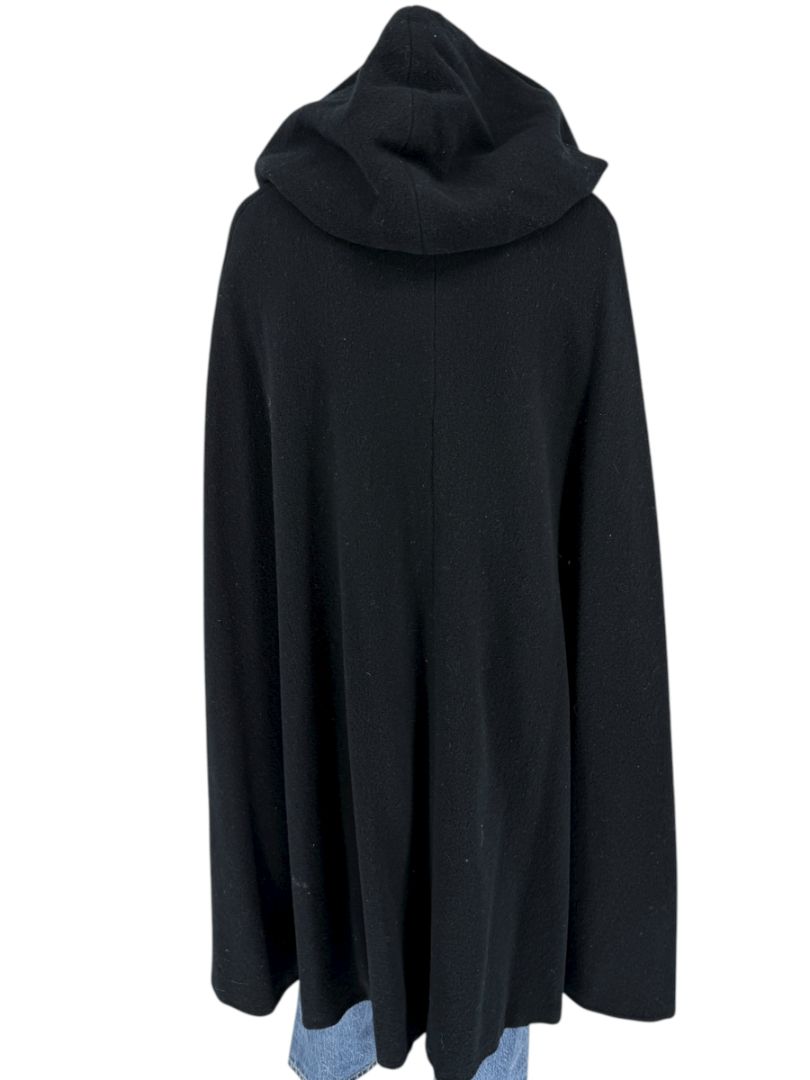 Black Wool Hooded Cape with Silk-Lined Interior – Large