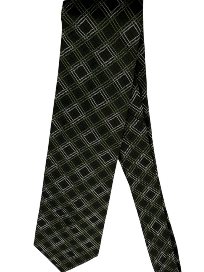 Burberry London Olive Green Geometric Plaid Silk Tie