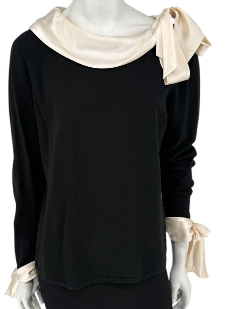 Rena Lange Black Dress with Ivory Satin Accents – Size Large